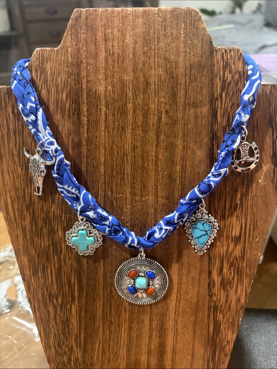 Handmade Jewelry - Boho Blue Braided bandana Turquoise &  silver charm Necklace